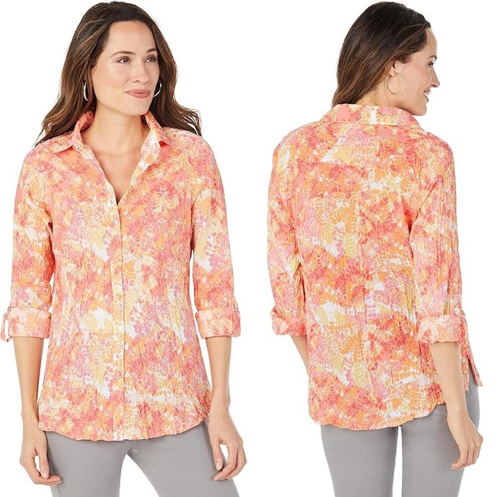 NWT New Foxcroft Zoey Long Roll Tab Starburst Crinkled Cotton Blouse Size 4